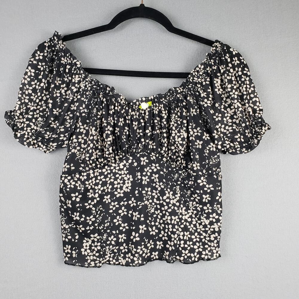 Stitch & Pine S Puff Sleeve Milkmaid Blouse Black White Ditzy Floral Smocked Y2K